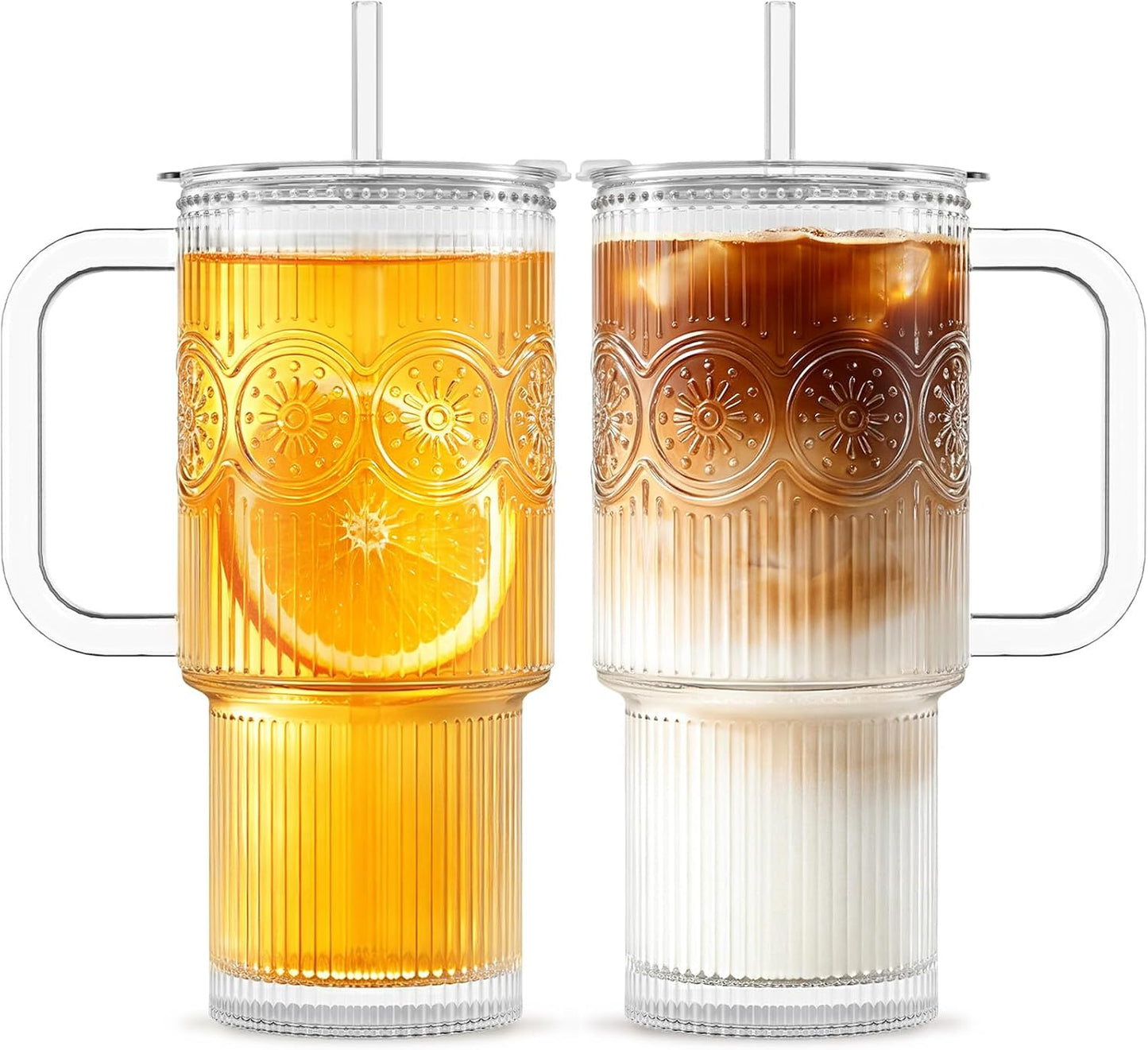 INSETLAN 24 oz Ribbed &amp; Floral Glass Tumblers with Handle, Set of 2 Cups | Iced Coffee Cups with Lids and Straws, Reusable Glass Mugs for Water, Smoothie, Tea, and Juice – Ideal for Daily Use &amp; Travel