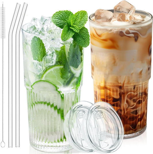 18.5oz Glass Cups with Lids and Straws - Set of 2 Reusable Tumblers, Thickened Shatter-Resistant Glass, Ideal for Iced