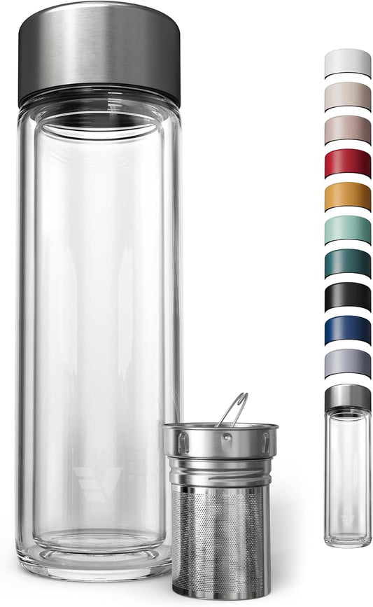 Glass Multi Tea Infuser Bottle 14oz - Double Wall Borosilicate Glass Flask | No Plastic Touches Contents | Perfect for