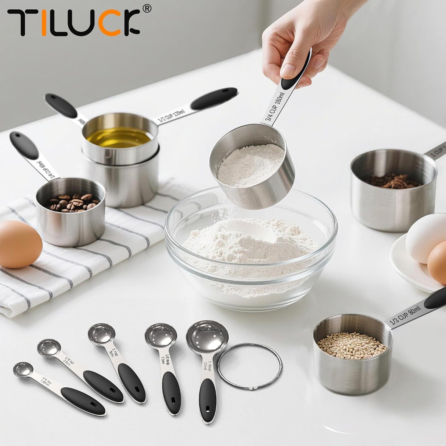 Stainless Steel Measuring Cups and Spoons Set with Silicone Handle – Nesting Design for Space-Saving, Heavy Duty &amp; Dishwasher Safe for Dry/Liquid Ingredients, Cooking &amp; Baking (10)