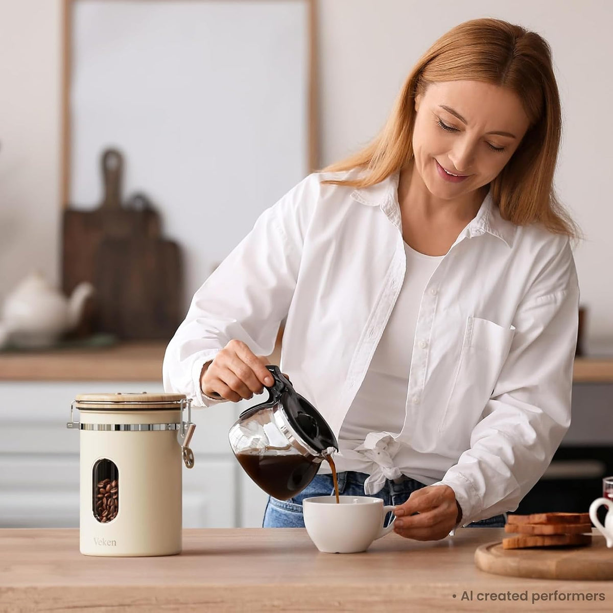 Veken Coffee Canister with Window, Airtight Stainless Steel Container, 22OZ | Gifts For Women, Kitchen Food Storage for Beans,Ground,Espresso,Rice,Tea,Sugar,Cereal,Bar Accessories,Lids,Jars, Scoop, Cream