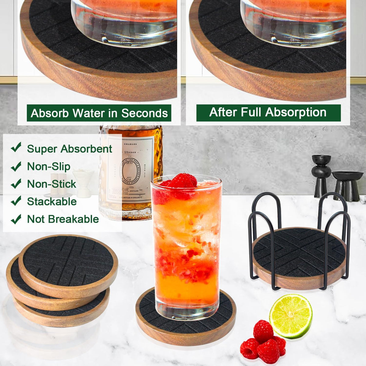 Coasters for Drinks Absorbent 5 Pack, Coasters for Coffee Table with Holder, Non-Slip, Non-Stick, Suit for Kinds of Cups 4.3 inch Black