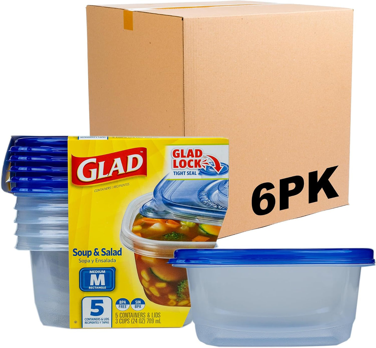 Glad GladWare Medium Rectangle Food Storage Containers, 24 Oz, 5 Ct, 6-Pk