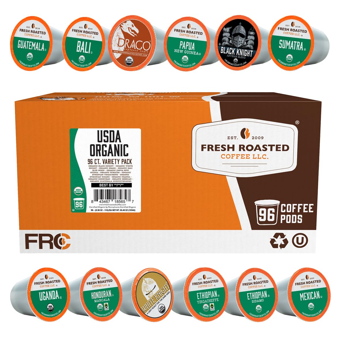 Fresh Roasted Coffee, Organic Single Origin Variety Pack K-Cup Pods for Keurig Brewers, Medium Roast, USDA Organic, Kosher, 96 Count Loose Pack