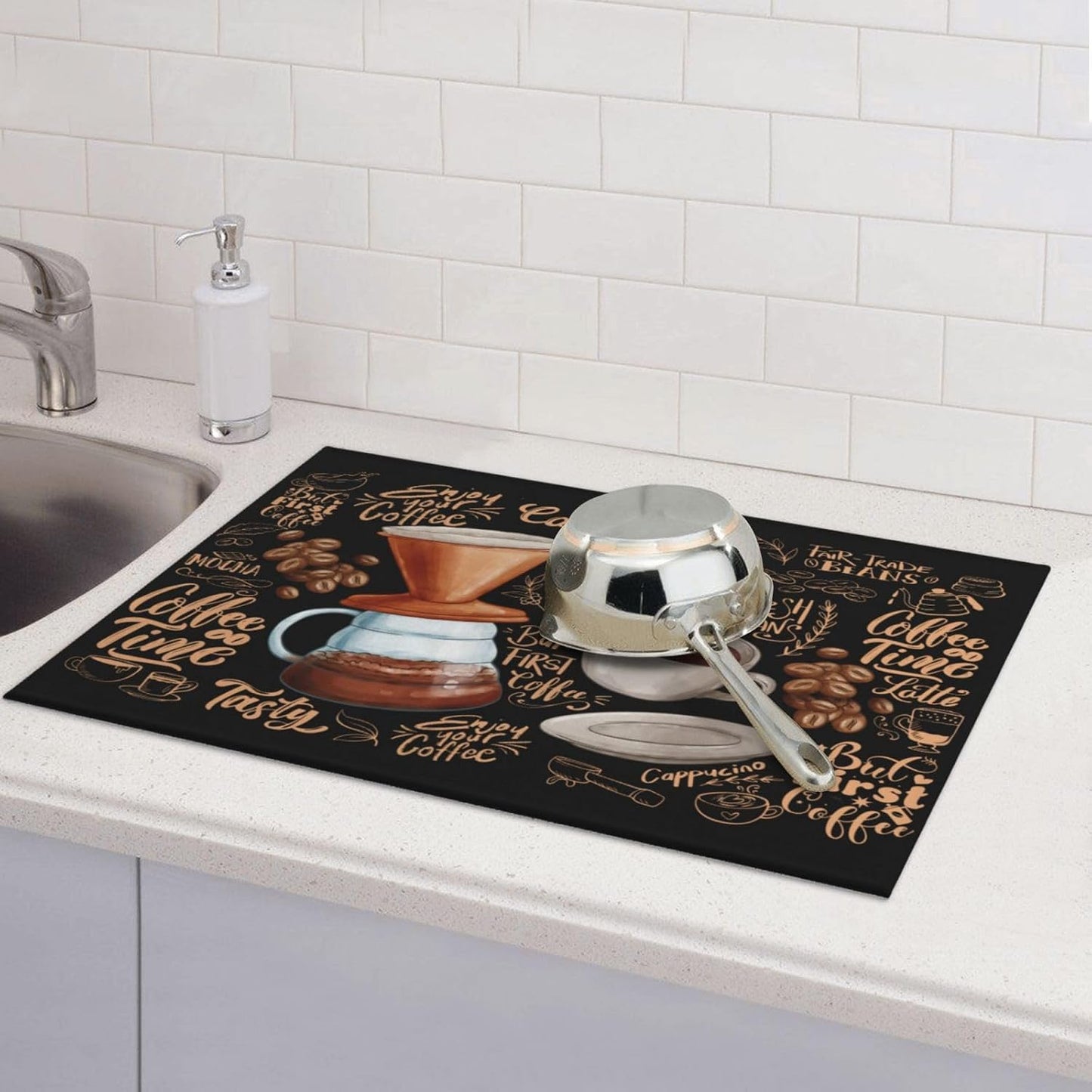 Fun Coffee Dish Drying Mat, Kitchen Counter Pad, 18*24" | CVFGHJOKC Dish Drying Mat, Highly Absorbent Microfiber Kitchen Counter Pad Reusable Washable, 18*24"