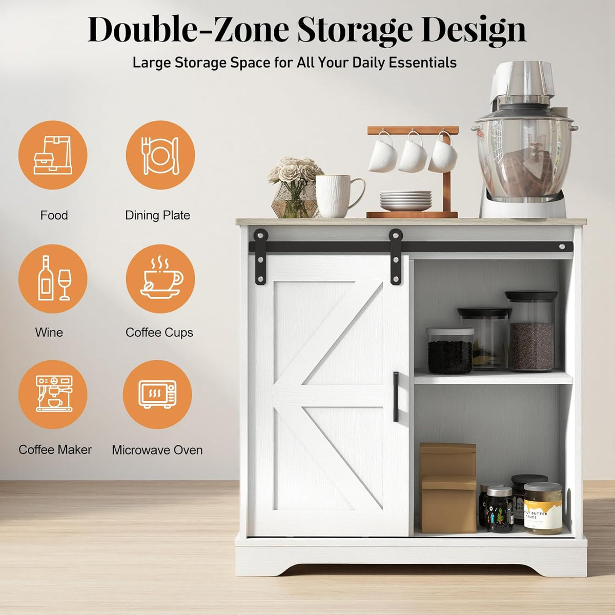 Panana Sliding Barn Door Buffet Sideboard Storage Cabinet Coffee Bar Kitchen Farmhouse Style (White Cabinet Nature Top)