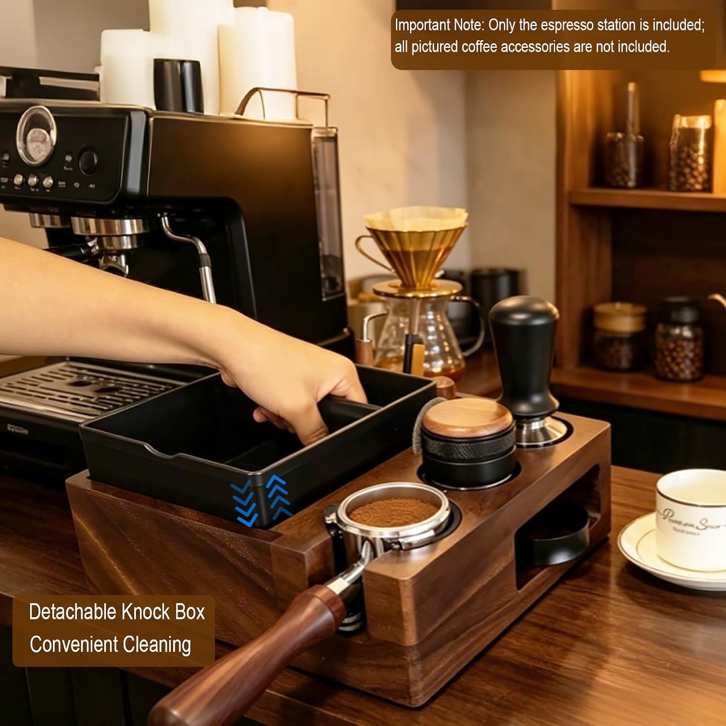 Espresso tamping station and knock box,Wooden portafilter holder,Espresso organizer station box,Tamping station fit for storage 51/54/58mm coffee accessories,Multifunctional tamper station