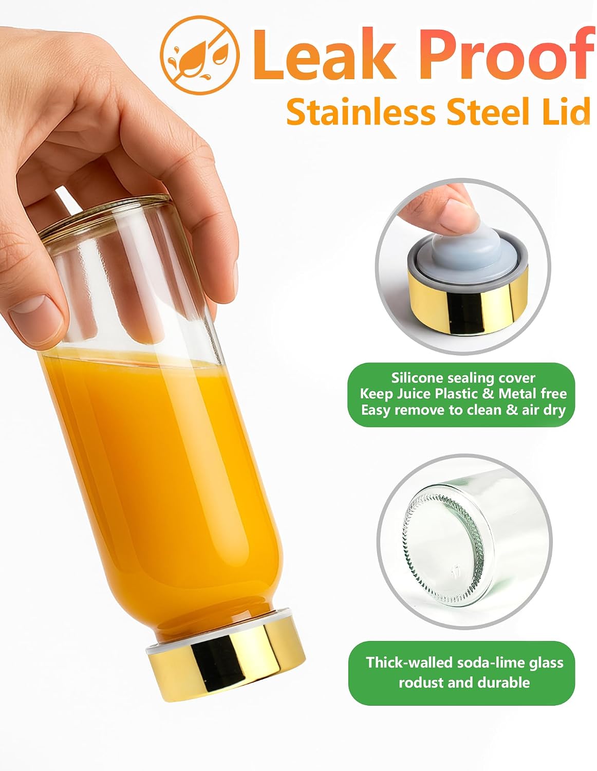 Zukro 10 oz Glass Juice Bottles with Stainless Steel Gold Lid Leak Proof
