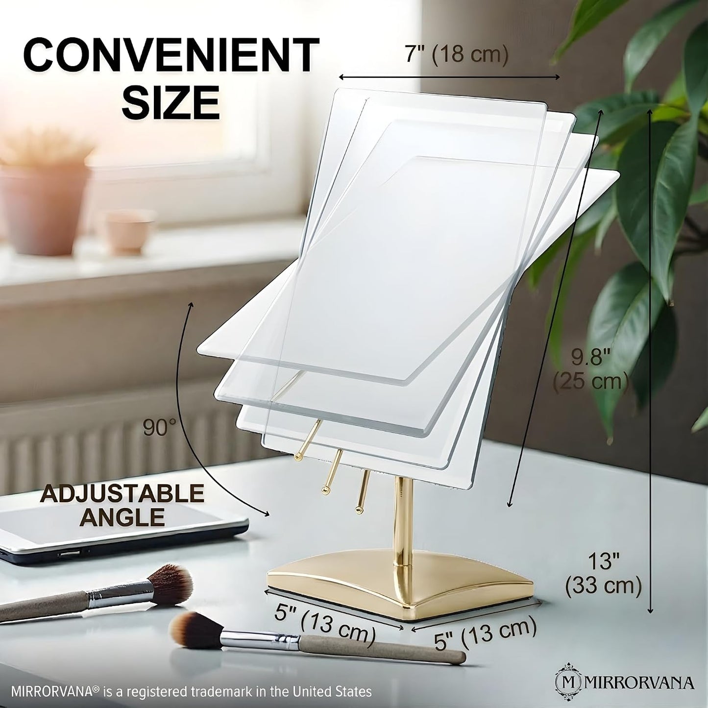 MIRRORVANA Large Free Standing Mirror, Frameless, 9.8" x 7" (Gold) | Beveled Design Elevates Bathroom, Dresser &amp; Retail Counters - Ideal for Desk, Counter, Bathroom &amp; Vanity Dressing Table