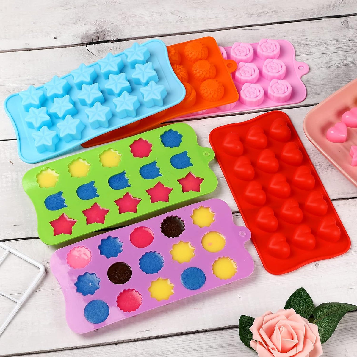 FIRETREESILVERFLOWER Flower Shape Chocolate Candy Molds Set,Heart,The stars,The rose,Flowers in Combination,15 Cavity Silicone Baking Mold Ice Cube Tray-Wedding,Festival,Parties and DIY Crafts-(6Pcs)