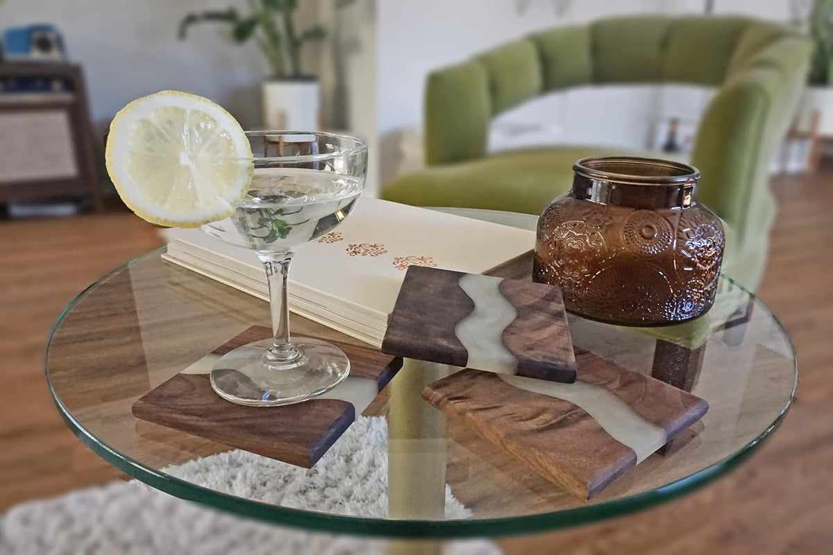 Generic Wood Coaster Set for Drinks | Handmade with Dark Walnut &amp; Natural Wood Sealant Finish for Water Resistance, Easy Cleaning &amp; No Stains | Epoxy Resin River (4 Pieces) (White)