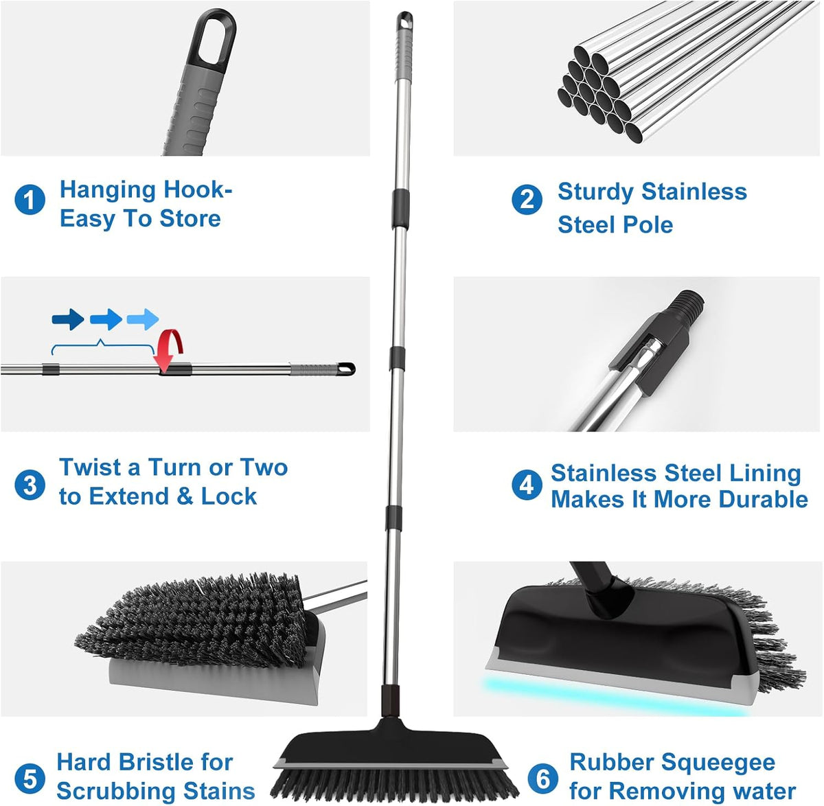 ITTAR Floor Scrub Brush with 55" Long Handle, 10" Wide Stiff Bristles Deck Brush, Stainsless Steel Pole Heavy-Duty Cleaning Brush, 2-in-1 Scrubber with Ruber Squeegee for Deck, Patio, Pool, Tile, Wall