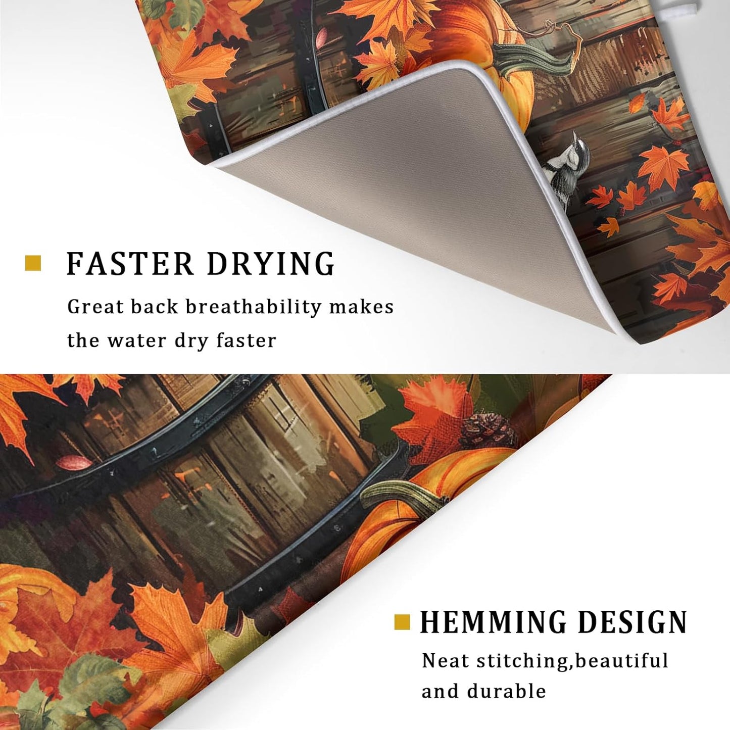 Fall Pumpkin Dish Drying Mat for Kitchen Counter 18x24 Inch Autumn Maple Leaves Microfiber Drying Mats Absorbent Reversible Thanksgiving Day Dish Pad