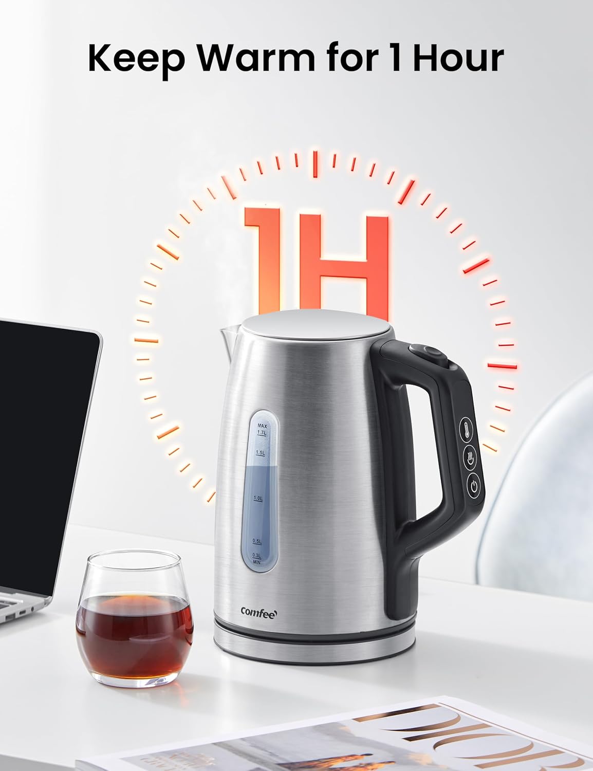 COMFEE' Stainless Steel Temperature-Control Kettle, 1.7L with 6 Preset Mode