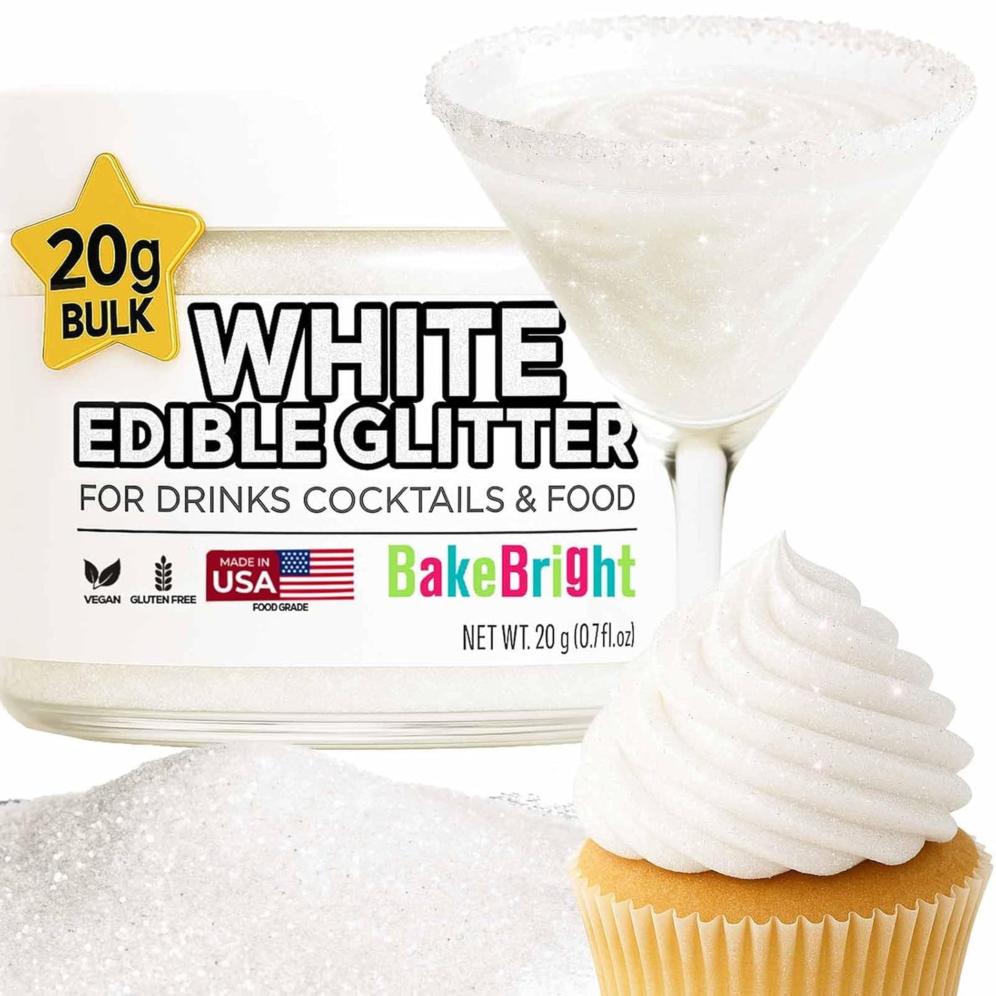 Bulk 20g White Edible Glitter for Drinks | Premium Edible Glitter for Cakes, Cocktails, White Cake D