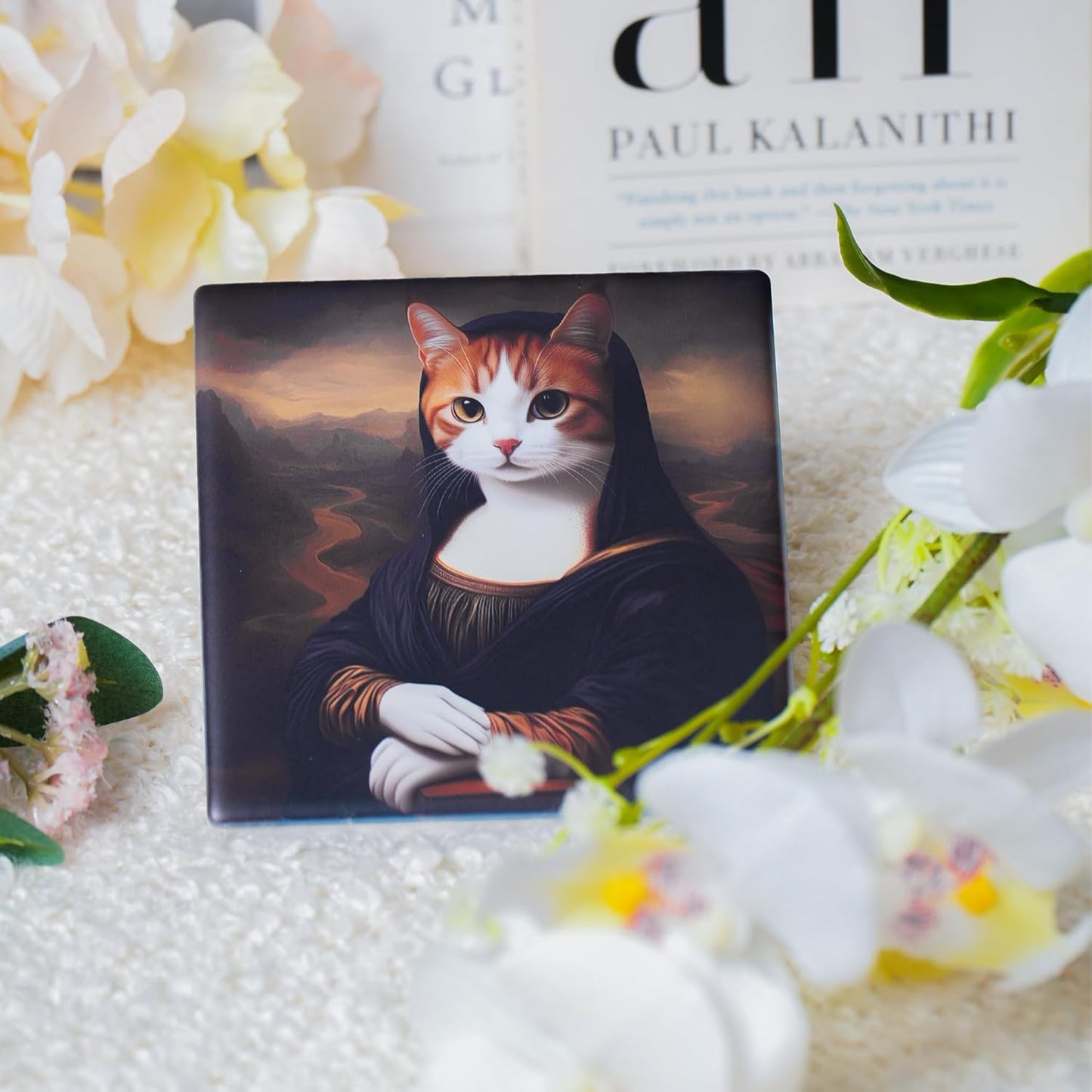 Ceramic Coasters Set of 4 – Square Drink Coasters with Cork Backing, 3.9x3.9 Inches – Decorative Printed Designs for Home, Office, or Gift Use (Gallery Cats)