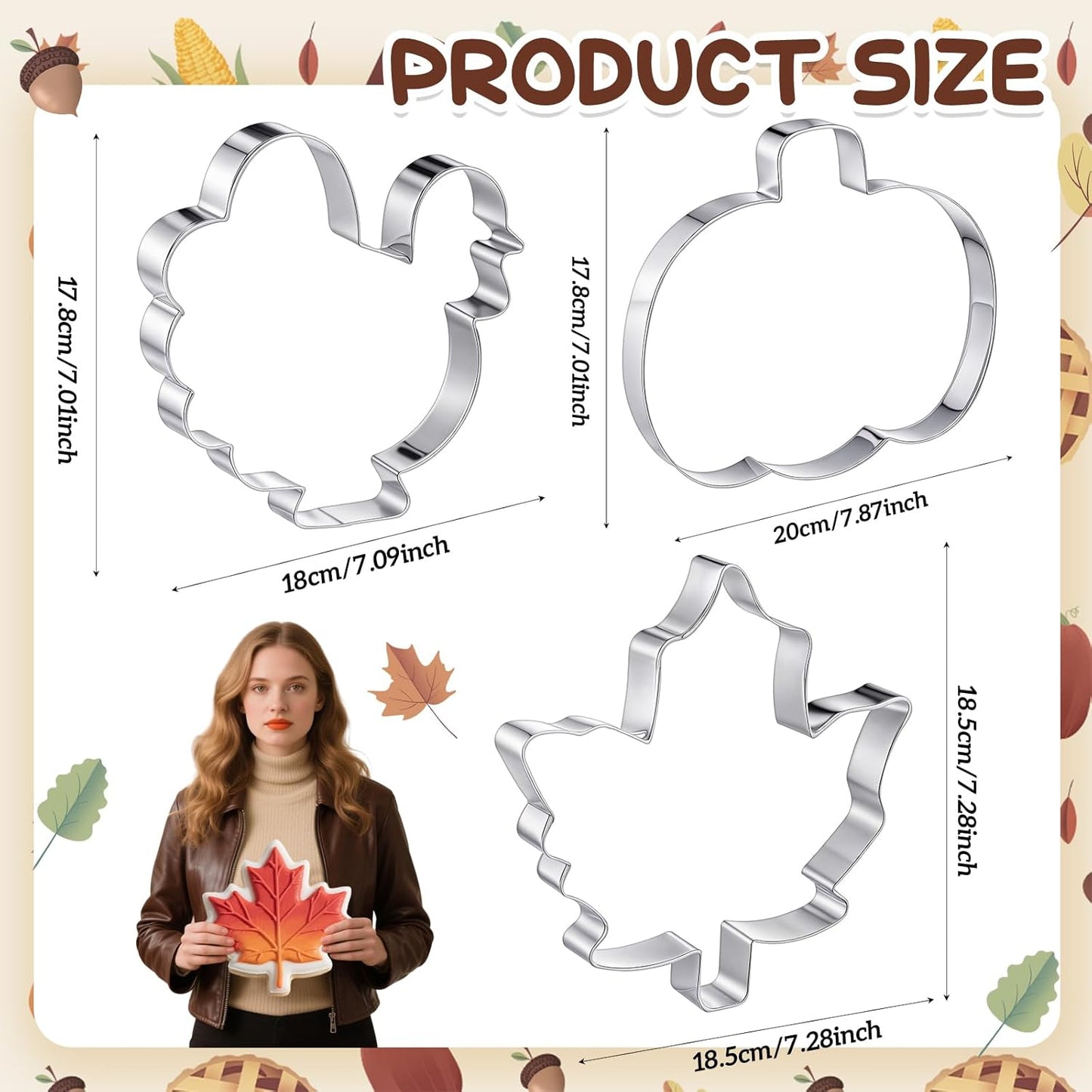 3 Pcs Large Thanksgiving Cookie Cutters Set 8 Inch Extra Large Pumpkin Maple Leaves Turkey Shapes Stainless Steel Metal Cookie Cutters Molds for Thanksgiving Baking Party Kitchen Accessories