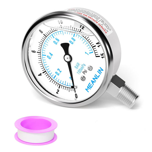MEANLIN MEASURE 0~15Psi Liquid Filled Pressure Gauge Stainless Steel with 316 Stainless Steel Joint 1/4" NPT 2.5" FACE DIAL