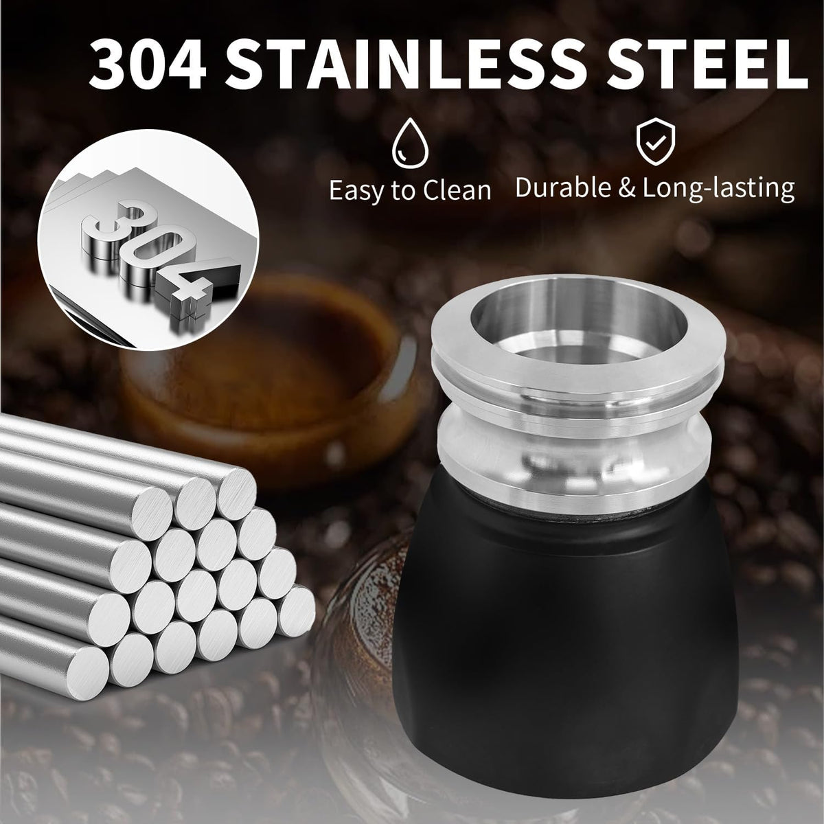 4-6-Cup Moka Pot Tamper, 304 SS Dosing Funnel &amp; Distributor, Silver | Suitable for Moka pots with a diameter of 2.76-2.83 Inches