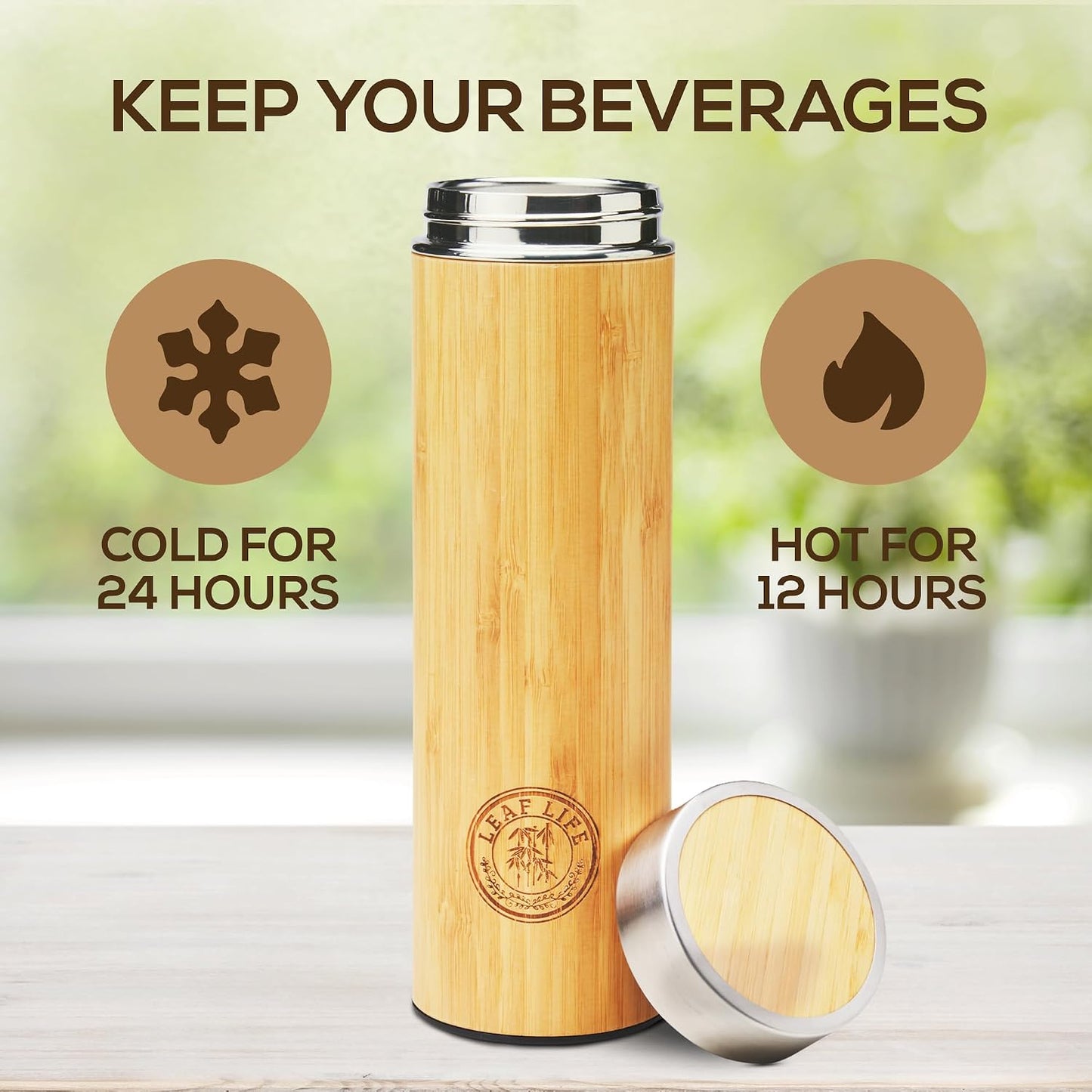 LeafLife Premium Bamboo Tea Tumbler with Infuser for Loose Leaf Tea | Insulated Coffee Bottle, Stainless Steel Gift Set, Leakproof Travel Mug, 17oz