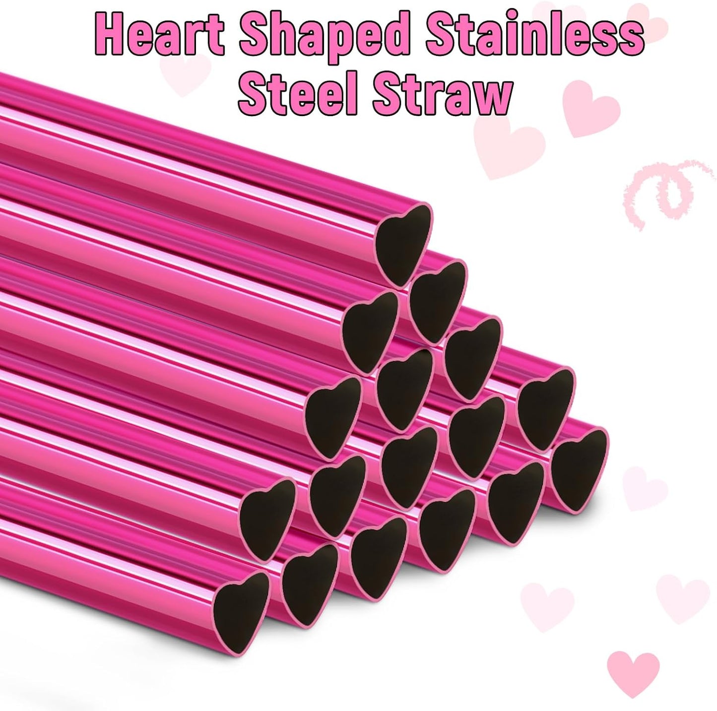 NiHome 8.5” Heart-Shaped Stainless Steel Straws Fit for Smoothie, Cocktails | 16-Pack Metal Straws with 2 Brushes for Holiday, Valentine’s Day, Reusable Drinking for Smoothie Milkshake (Pearl Hot Pink)