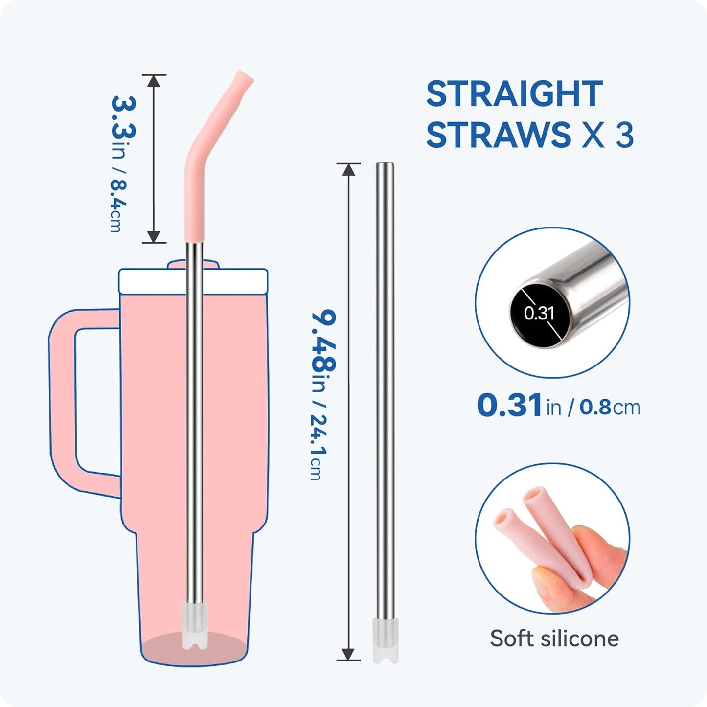 Reusable Metal Straws with Silicone Tip for Stanley 30oz,Stainless Steel Drinking Straws for 30oz Tumbler,3 Straight Tubes & 6 Tips& 1 Cleanr Brush (Ash)