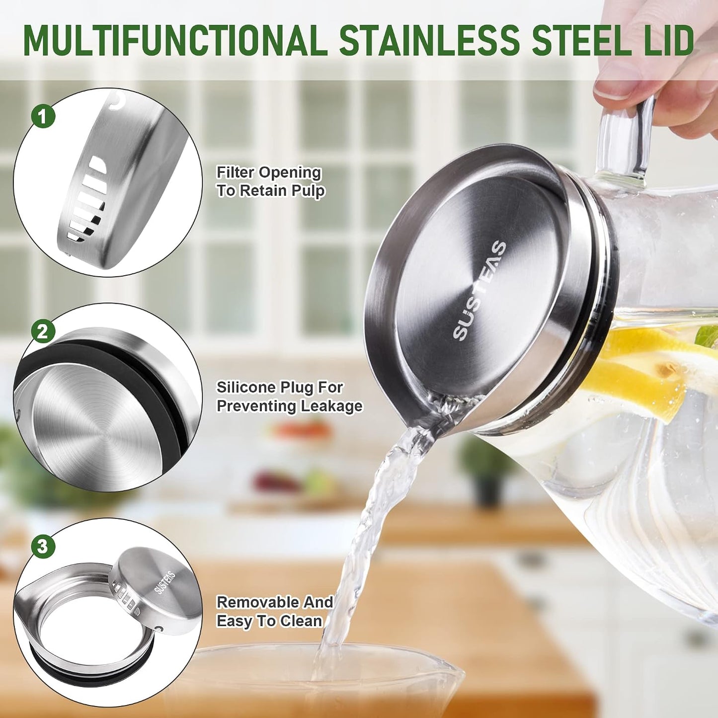 SUSTEAS 2 Liter 68oz Glass Pitcher with Lid and Handle, Removable Lid | Beverage Carafe for Cold/Hot Drink, Water Pitcher for Fridge, Iced Tea, Coffee, Juice, 1 Long-Handled Brush Included