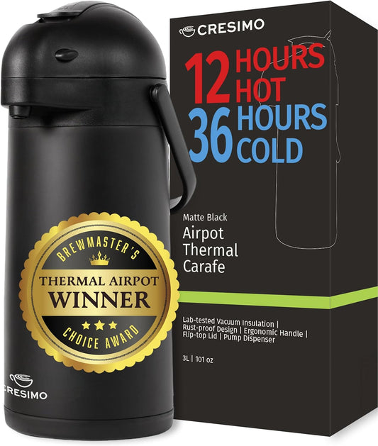 Airpot Coffee Dispenser With Pump, Black - 12 Hours Hot Water Dispenser with Pump, 36 Hours Cold - Coffee Thermal Carafe for