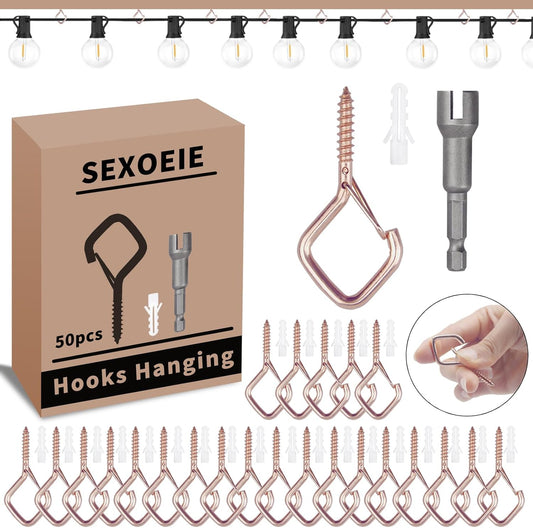 50 PCS Rose Gold Eye Screw Hooks for Hanging Heavy Duty with Safety Buckle.Metal Ceiling Hooks for Hanging Plants Cup Wind