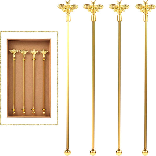 4Pcs Bumble Bee Cocktail Stirrers Swizzle Sticks Stainless Steel 7.5" Coffee Beverage Stir Sticks with Gold Decor Top for