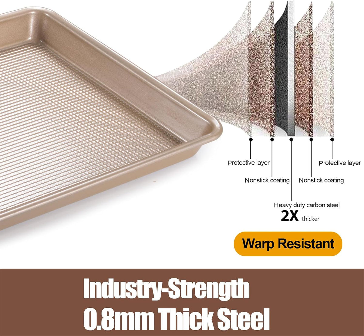 Cookie Sheets for Baking Nonstick, 2 Pack Heavy Duty 0.8mm Baking Sheet Pan Set Quarter(9x13in) &amp; Jelly Roll(10x15in) with Diamond Texture, Gold Commercial Grade, Small Oven Safe