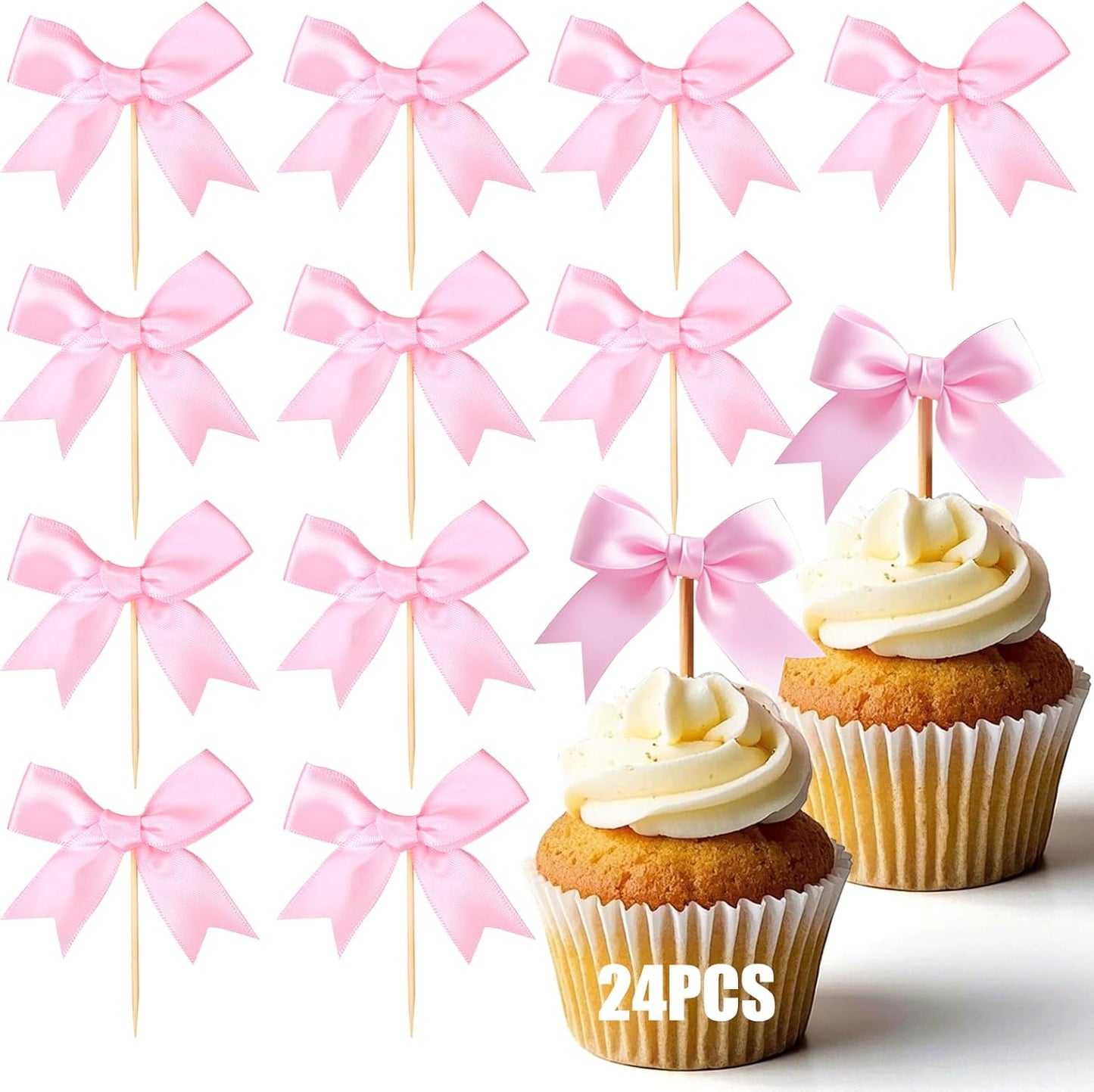 24Pcs Pink Bow Cupcake Toppers - Pink Bow Cake Topper Birthday Decorations, Bowknot Cupcake Picks fo