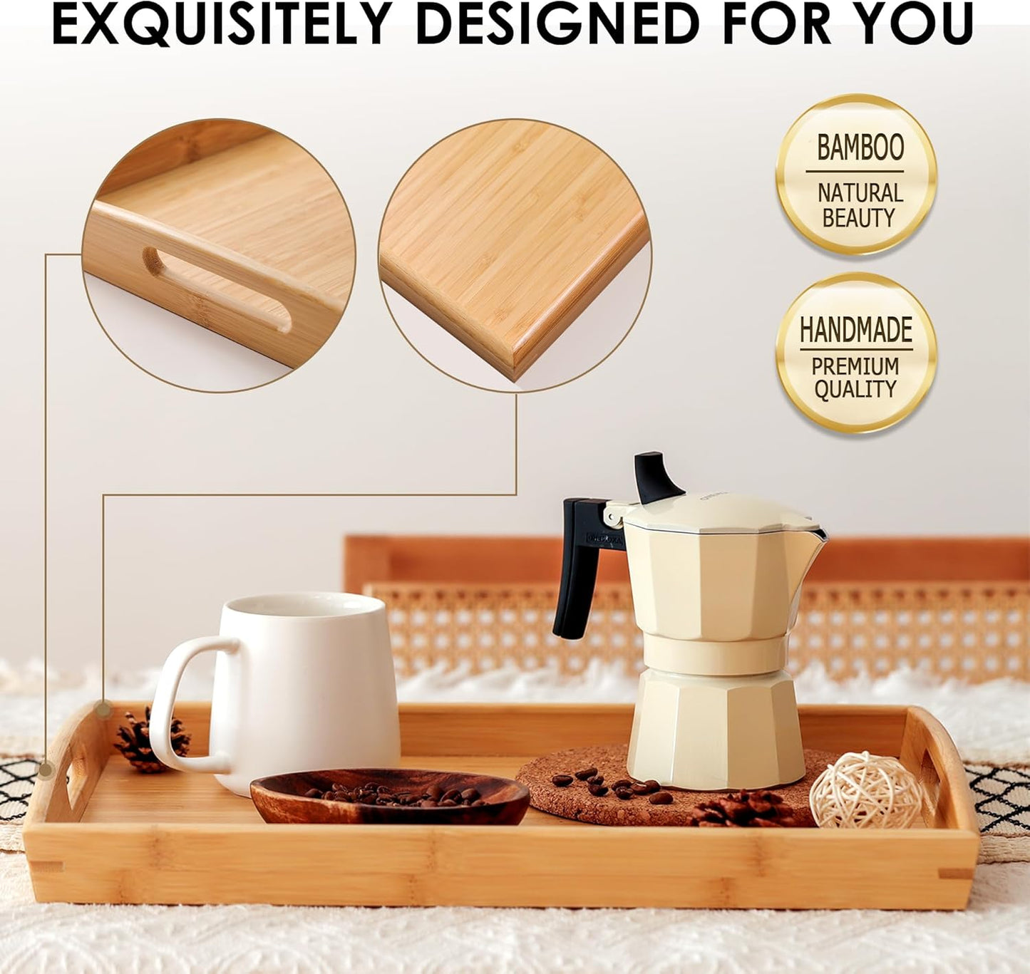 Joy&amp;Grace Bamboo Serving Tray with Handles 16.8 x 12.5 inch | Dinner Food Tray for Bed Breakfast Eating, Serving Tray for Coffee Table Ottoman TV, Decorative Wood Charcuterie Platter