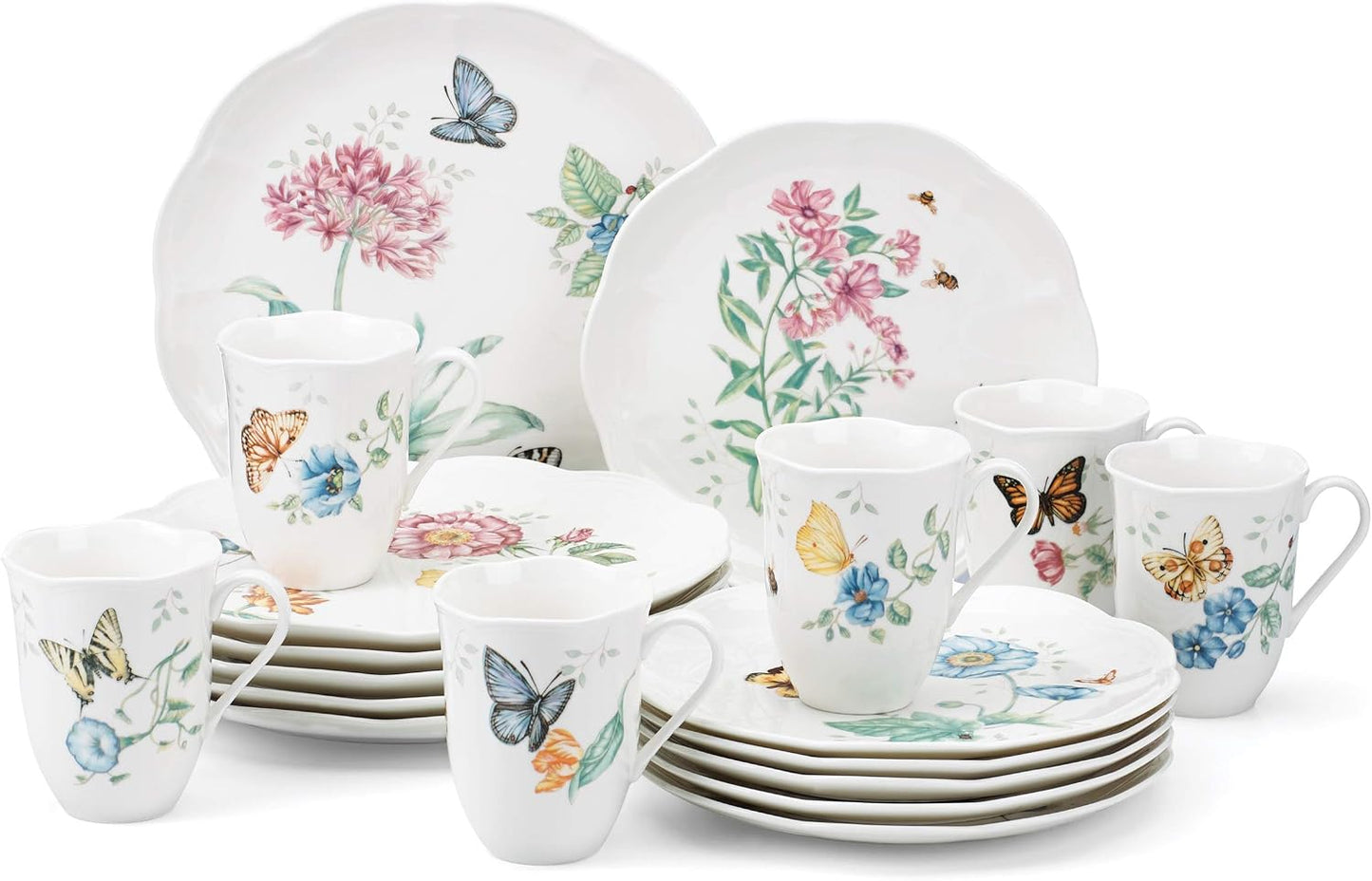 Lenox Butterfly Meadow Porcelain Teapot and Tea Cup Set, 9-Piece, 48oz | dishwasher safe | includes creamer, sugar bowl, 2 teacups, 2 saucers | floral tea party gift | 48oz, gift for women