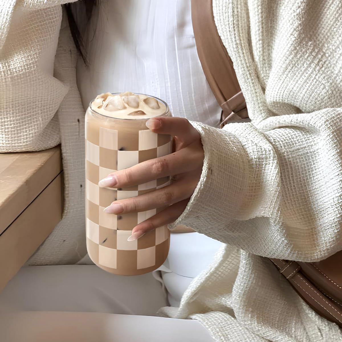 SANDJEST Checkerboard Glass Can, Beige Checker Cup with Lid &amp; Straw, Iced Coffee Aesthetic Cups, Gift for Christmas Birthday Mother Day, Gifts for Women, 16oz