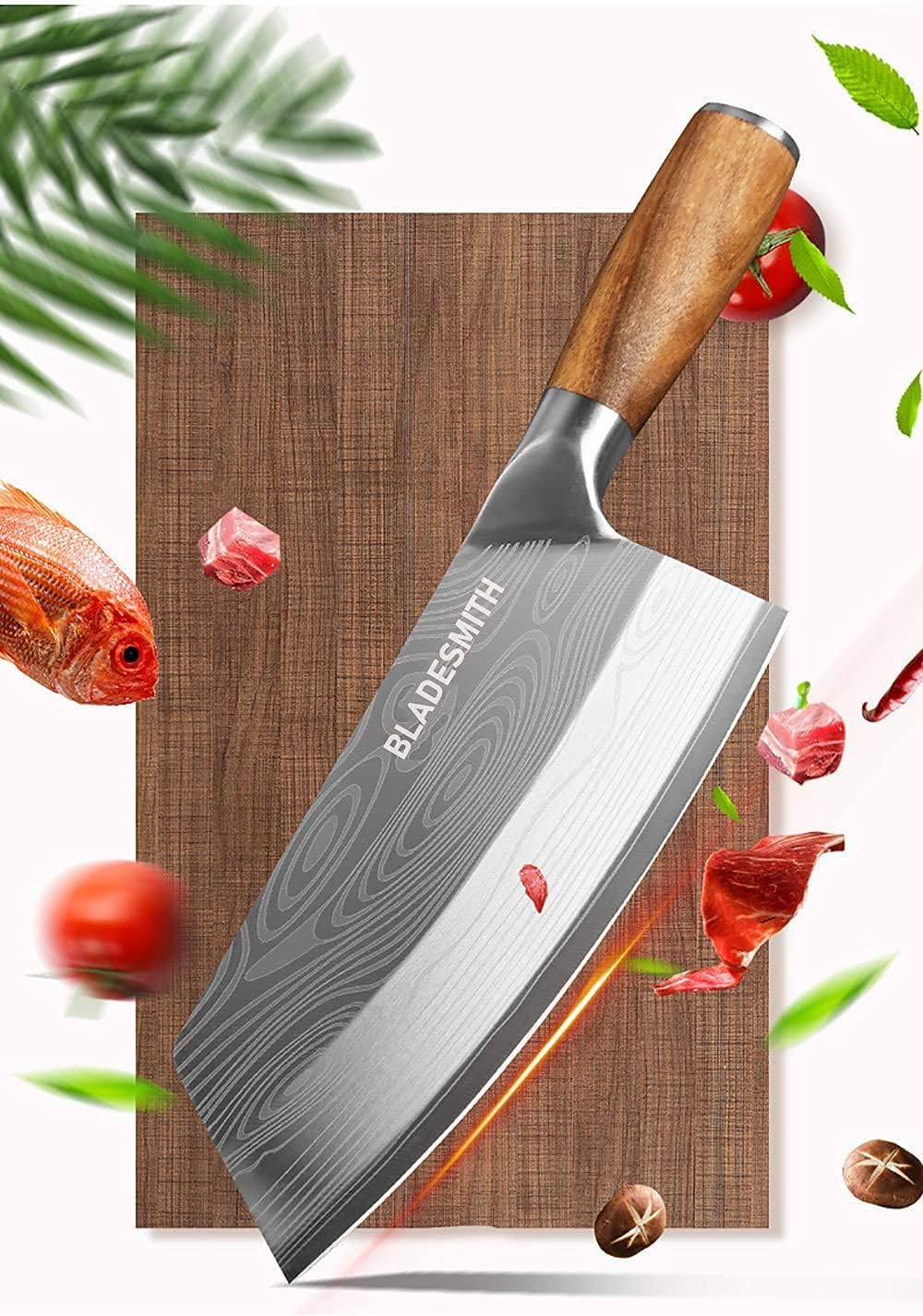 BLADESMITH Cleaver Knife for unfrozen meat and vegetable, 7" Chinese Chef's Kitchen slicer, Razor sharp HC German Stainless Steel blade with lasered damascus pattern, pearwood Handle