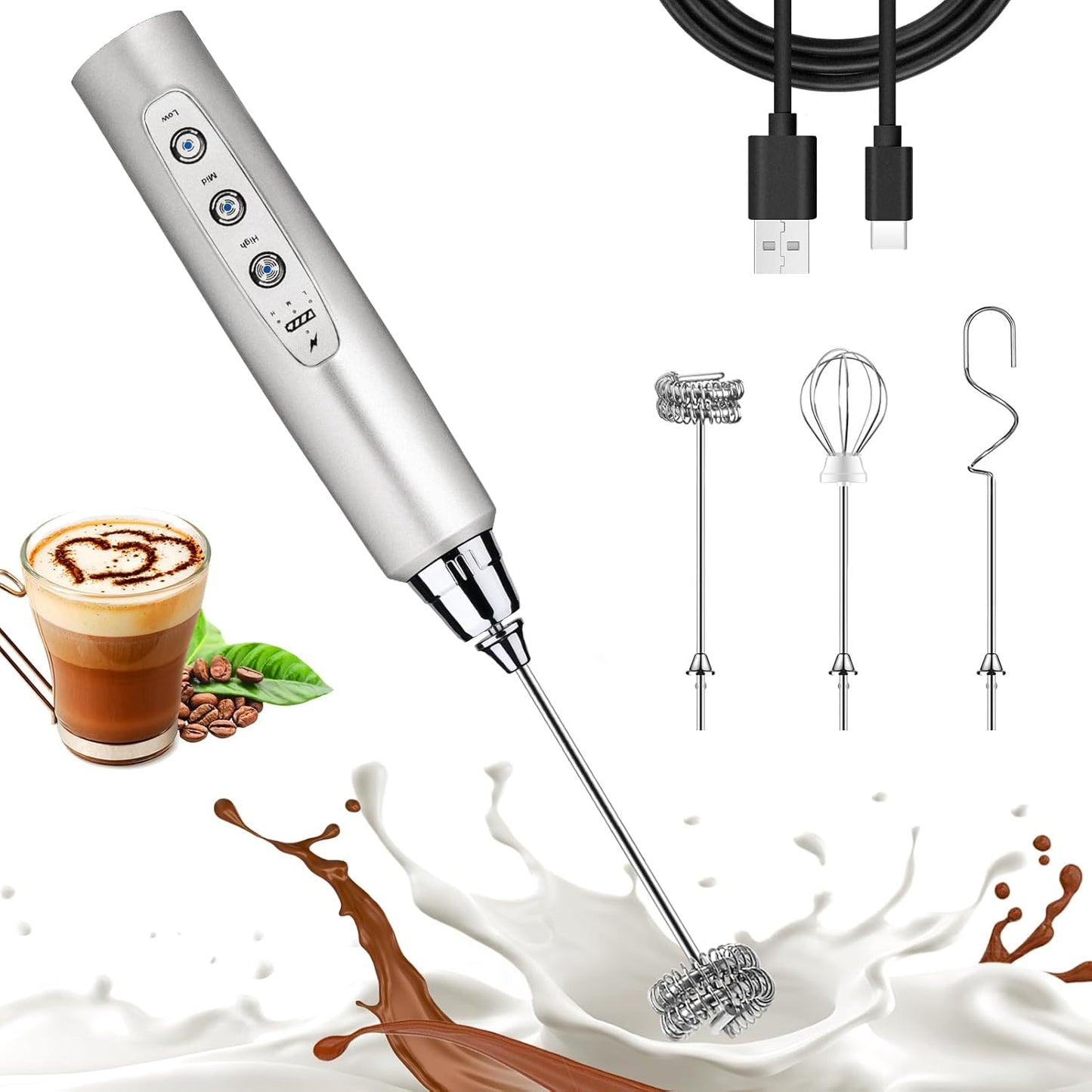 Nahida Silver Milk Frother Wand for Coffee, Frother Handheld Rechargeable Electric Whisk with 3 Head
