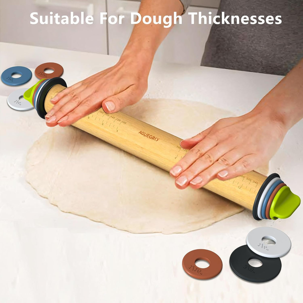 Adjustable Rolling Pin with 4 Thickness Rings &amp;Pastry Mat For Baking Dough | 13.6''Wooden Dough Roller with Precision Measuring Rings For Cookie Pizza Fondant PieCrust Pastry Making At Home or Pro Baker