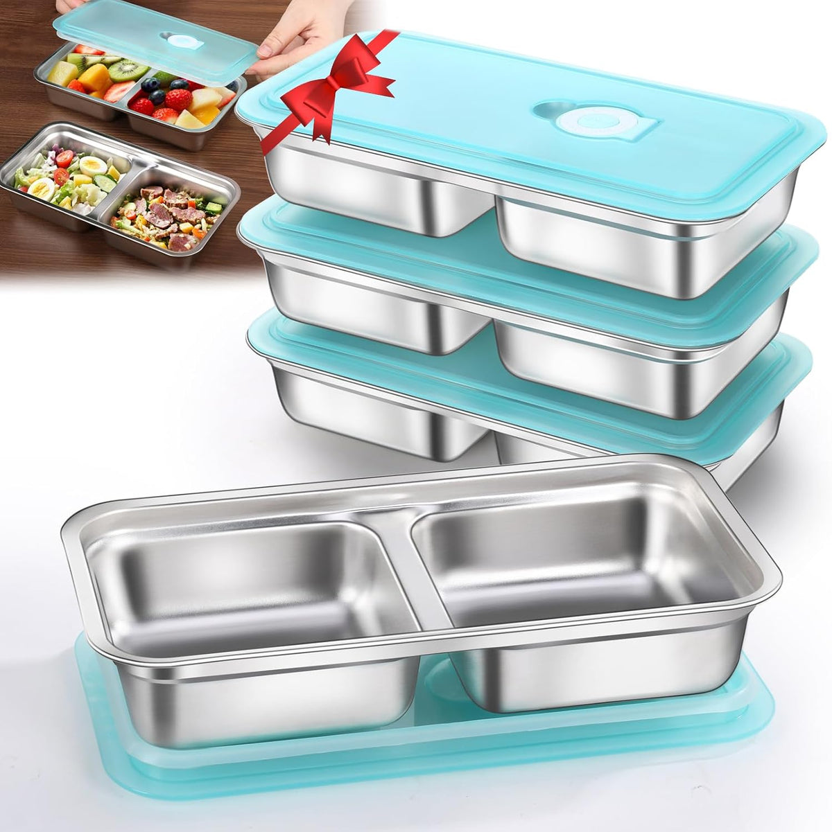 4 Pack Stainless Steel Snack Containers Reusable, Grab and Go 2 Compartment Food Storage Containers with Leakproof Lids for Travel and Outdoor Camping School Lunch Prep Dishwasher Safe 7.9" Size