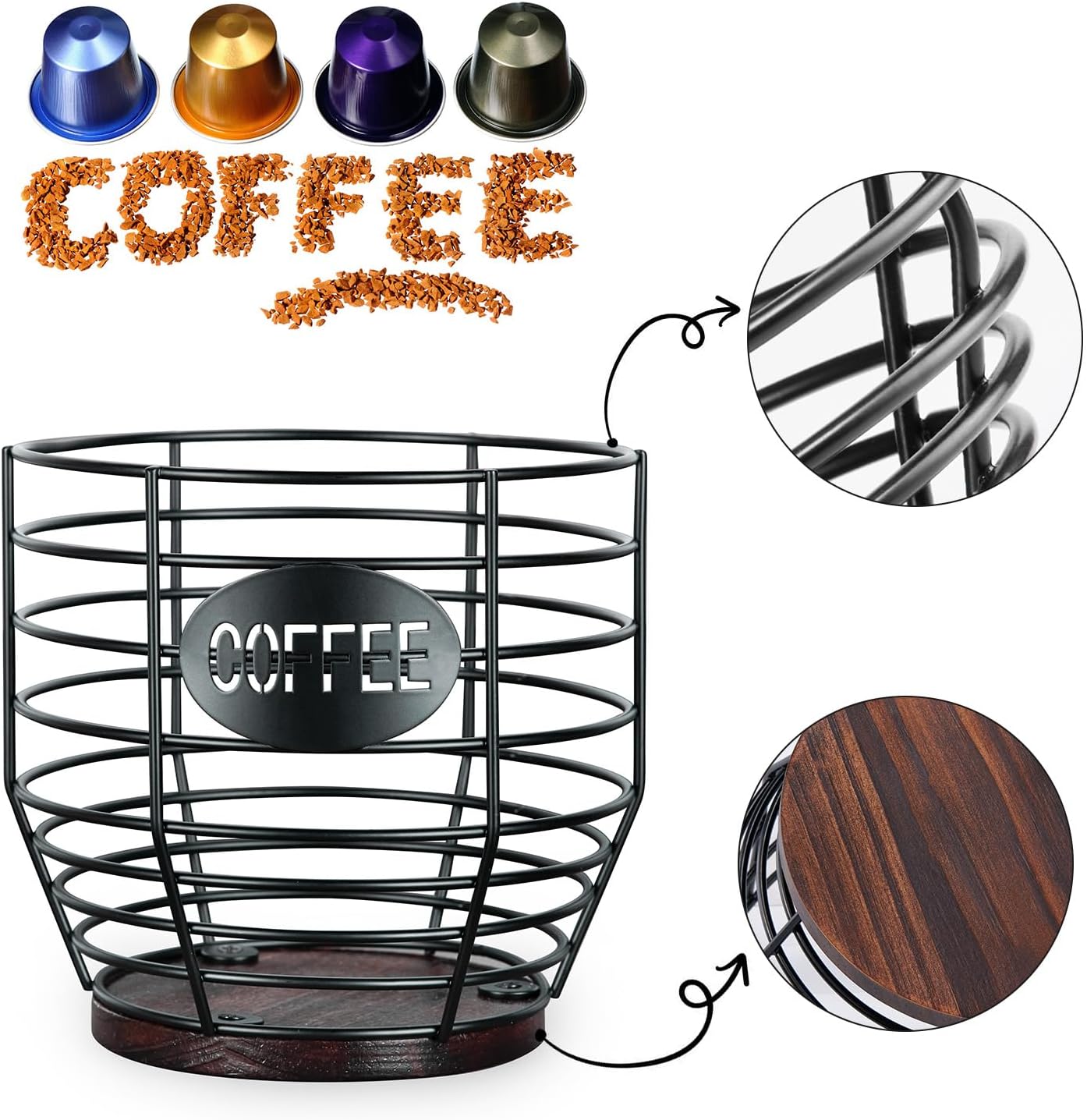 Yangbaga Large Coffee Pod Holder: Black Wire K-Cup Holder with Wood Base | 3L Large Capacity-Stainless Steel Basket Bar Decor-Multi-Purpose Storage-Easy Clean- Fit for Coffee Bar/Pod/Capsule/Station
