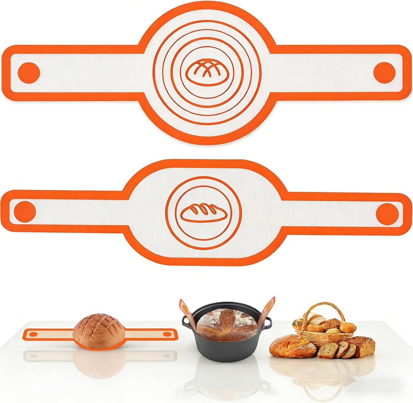 Silicone Bread Sling Oval and Round for Dutch Oven, KITMAL Non Stick Reusable Silicone Baking Mat with Long Handles Sourdough Bread Baking Supplies and Making Tools, Orange
