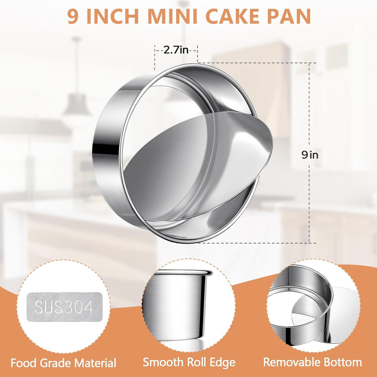 9 Inch Cake Pan, Removable Bottom & Easy Releasing, Leakproof & Nonstick Cake Baking Pan, 304 Stainless Steel Round Cake Pan, Non-Toxic & Healthy, Dishwasher Safe