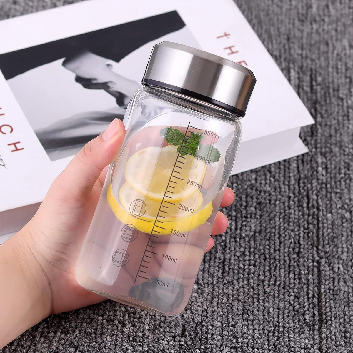 12Oz Small Glass Water Bottle with Lid and Sleeve,0.15in/3.8mm Thick Shaker Bottles for Protein Mixes,Juicing,Smoothies, Infused Water,Beverage,Reusable Small Glass Bottle