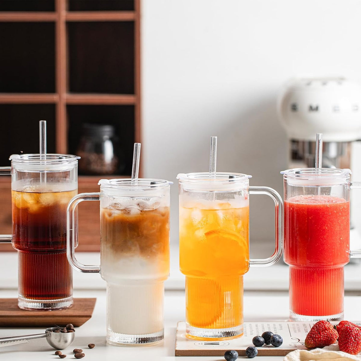 INSETLAN 24oz Glass Tumbler with Handle &amp; Lid – 2-Pack Large Iced Coffee Cups with Straws, Modern Glass Mug for Cold &amp; Hot Beverages, Aesthetic Glass Cups for Smoothies, Tea, and Juice