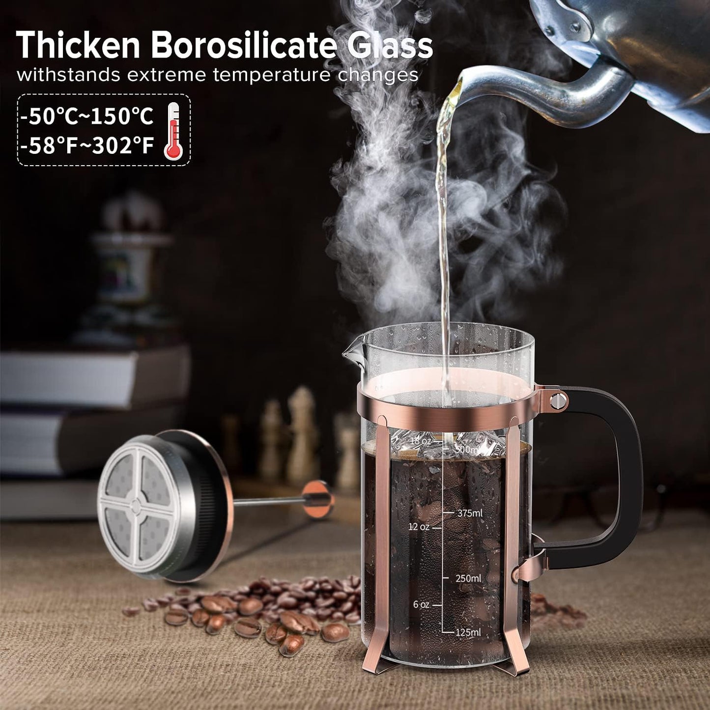 QUQIYSO French Press Coffee Maker, Borosilicate Glass Coffee Press | Thickened Glass Stainless Steel Coffee French Press,Easy to Clean,4 Filter Suitable for Kitche Camping Gifts (21oz, Copper)