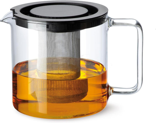 Simax Glassware 1 Quart Teapot with Metal Mesh Infuser | Plastic Lid, Microwave and Stovetop Safe, Heat, Cold, and Thermal
