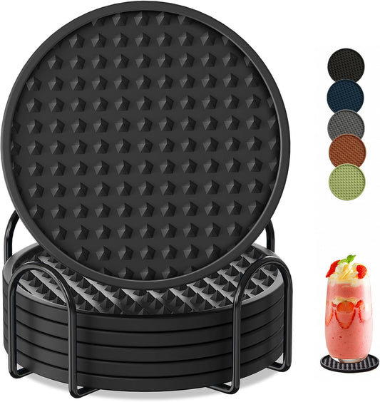 Coasters for Drinks 6 Pack Drink Coaster with Holder,Heat Resistant Silicone Cup Mat Tabletop Protection,Non-Slip Rubber