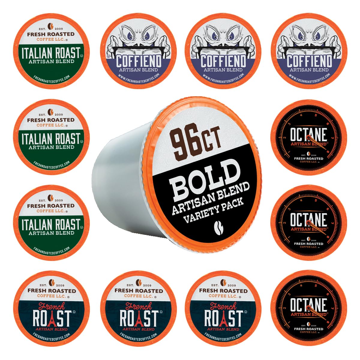 Fresh Roasted Coffee, Bold Artisan Blend Variety Pack K-Cup Pods for Keurig Brewers, Medium Roast, Kosher, 96 Count Loose Pack