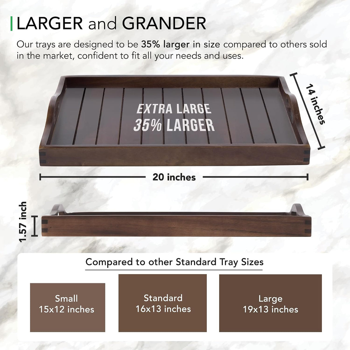 Large Acacia Wooden Serving Tray with Handles 20 x 14 inch Decorative Coffee Table Ottoman Tray for Living Room Extra Large for Kitchen Dinner Food Bar Breakfast in Bed (Dark Brown)