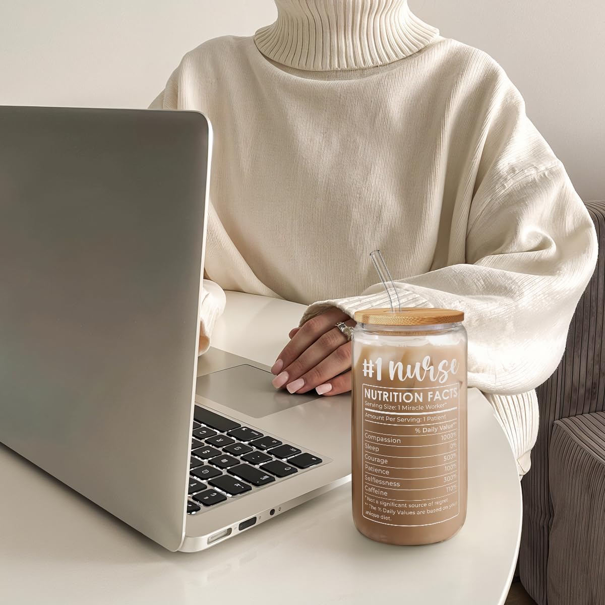 SANDJEST Nurse Glass Can, Nutrition Facts Cup with Lid &amp; Straw, Iced Coffee Aesthetic Cups, Idea Gift for Christmas Birthday Nurse Week, Gifts for Women, 16oz
